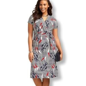 Talbots Blue White Nautical Midi Dress L Classic Casual Career Preppy Stretch